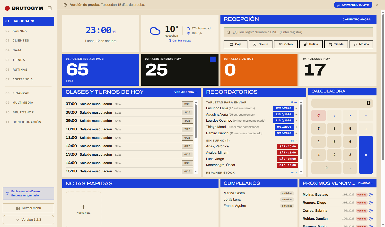 El dashboard de BRUTOGYM con la piel Suizo: claro, con mucho aire